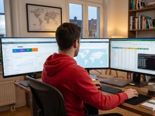 Consultor SEO implementando cambios con paneles de Search Console y hojas de datos