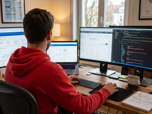 Consultor SEO diseñando la estrategia con varias pantallas de datos y código