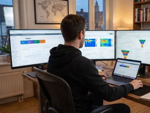 Consultor SEO analizando informes de resultados con gráficos y embudos de conversión